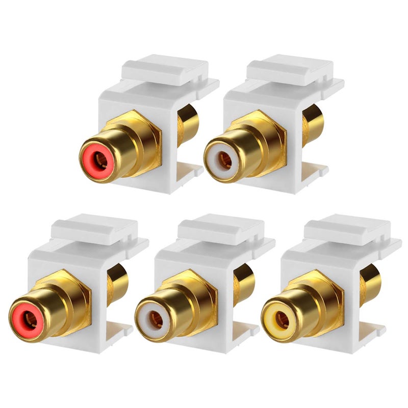 TENINYU 5-Pack RCA Keystone Jack Insert Connector Socket Female Snap in Adapter Port Gold Plated Inline Coupler for Wall Plate Outlet Panel Mount (White) - Image 1